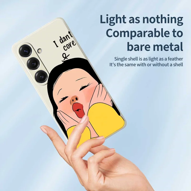 For Samsung Galaxy S25 Case Girl Holding Face Pattern Printing Straight Edge TPU Phone Back Cover - Beige