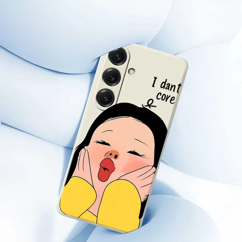 For Samsung Galaxy S25 Case Girl Holding Face Pattern Printing Straight Edge TPU Phone Back Cover - Beige