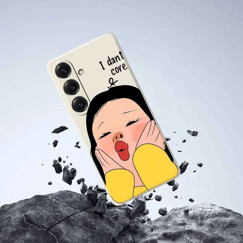 For Samsung Galaxy S25 Case Girl Holding Face Pattern Printing Straight Edge TPU Phone Back Cover - Beige