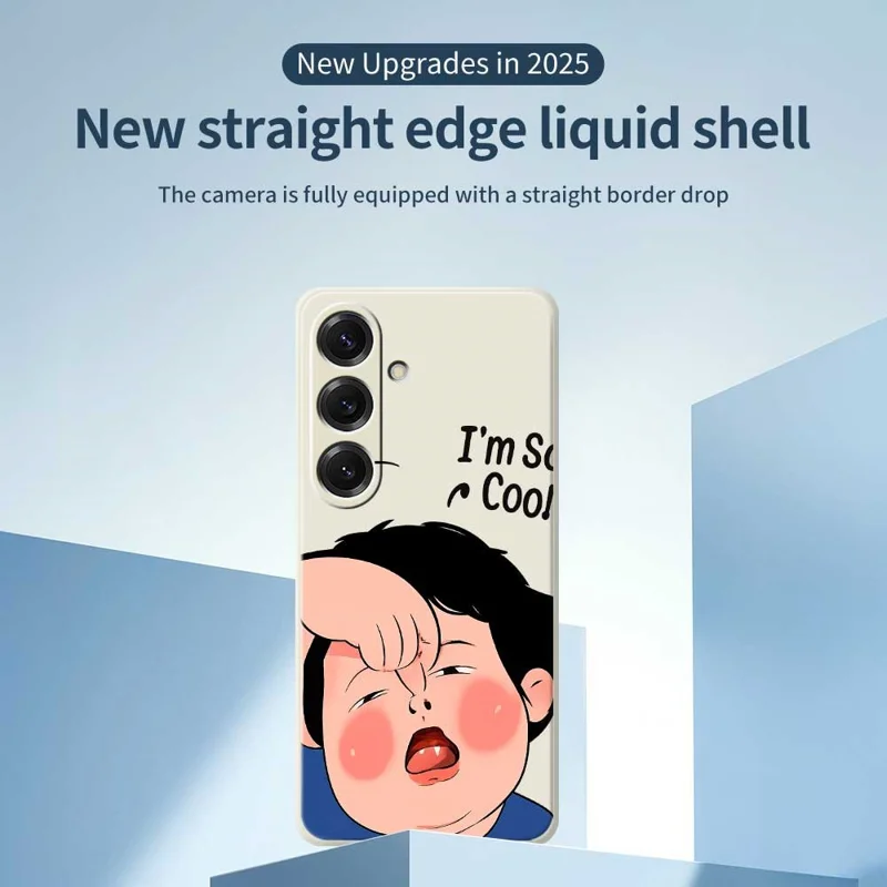 For Samsung Galaxy S25 Case Make Faces Kid Pattern Printing Straight Edge TPU Phone Back Cover - Beige