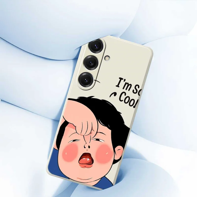 For Samsung Galaxy S25 Case Make Faces Kid Pattern Printing Straight Edge TPU Phone Back Cover - Beige