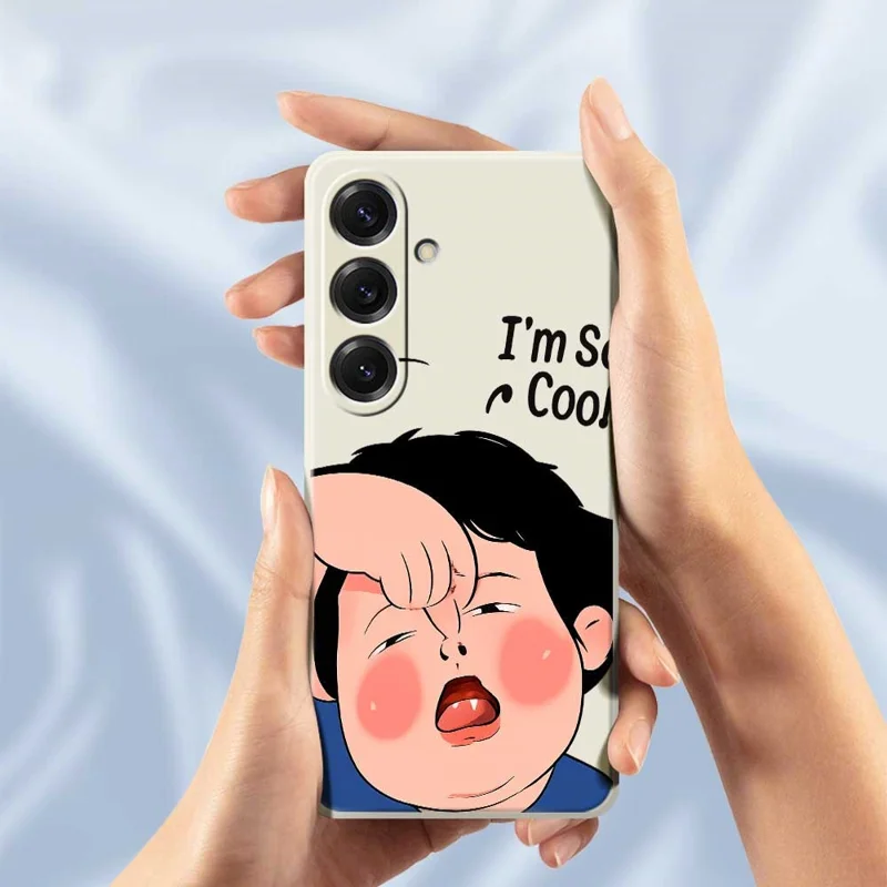 For Samsung Galaxy S25 Case Make Faces Kid Pattern Printing Straight Edge TPU Phone Back Cover - Beige