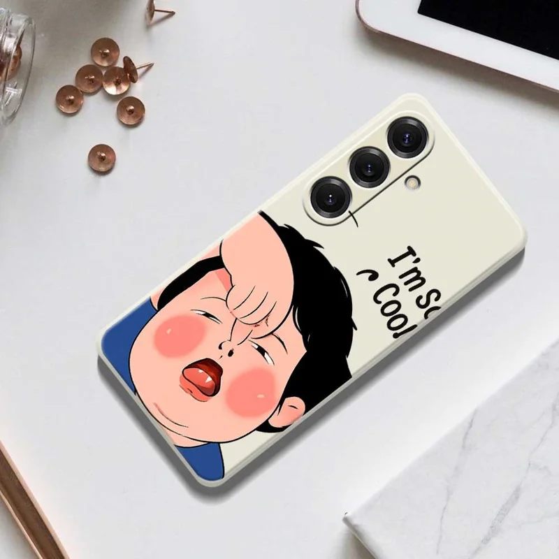 For Samsung Galaxy S25 Case Make Faces Kid Pattern Printing Straight Edge TPU Phone Back Cover - Beige