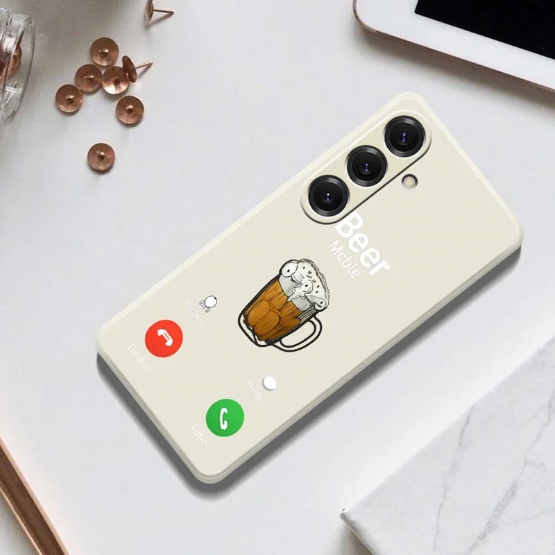 For Samsung Galaxy S25 Case Beer Pattern Printing Straight Edge TPU Phone Back Cover - Beige