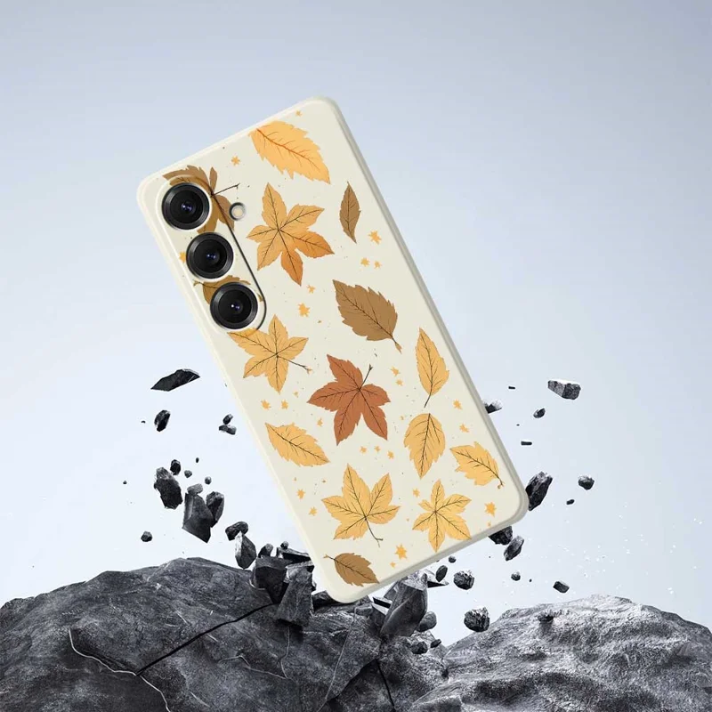 For Samsung Galaxy S25 Case Maple Leaves Pattern Printing Straight Edge TPU Phone Back Cover - Beige