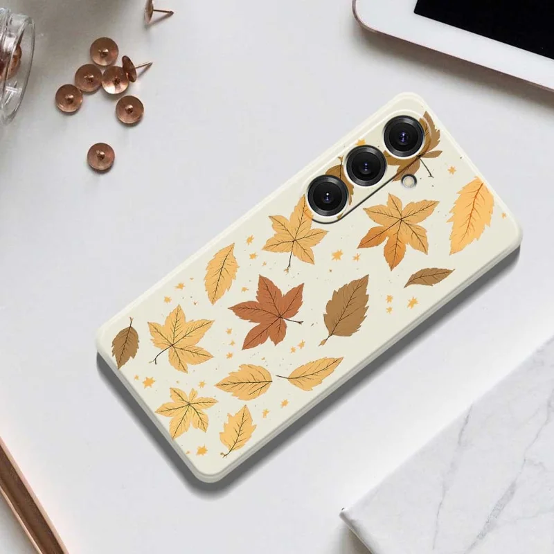 For Samsung Galaxy S25 Case Maple Leaves Pattern Printing Straight Edge TPU Phone Back Cover - Beige