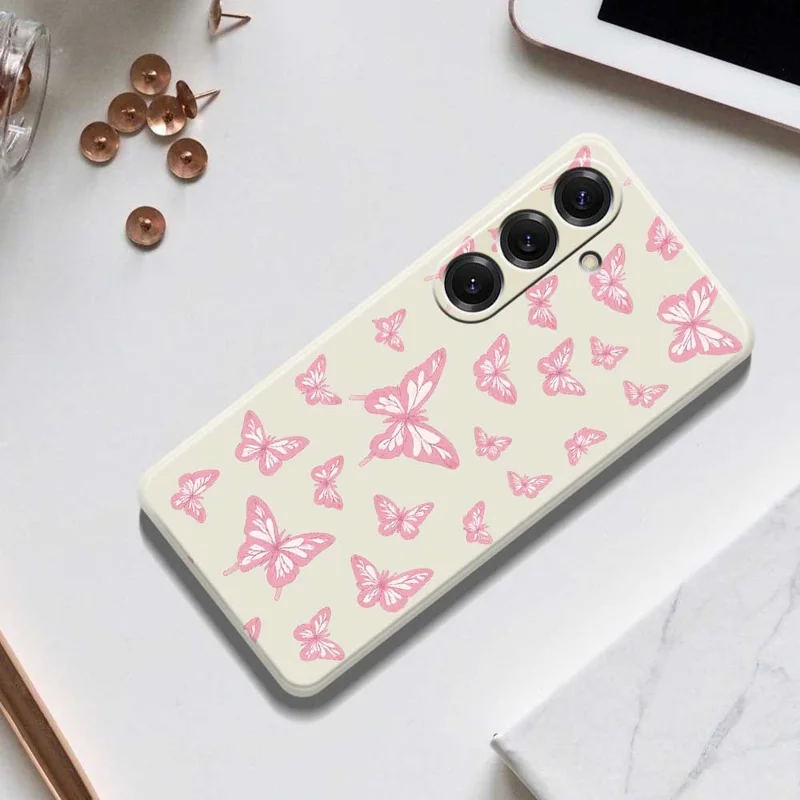 Custodia per Samsung Galaxy S25 Farfalle rosa Stampa Bordo dritto Copertura posteriore del telefono TPU - Beige