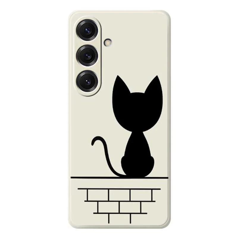For Samsung Galaxy S25 Case Black Cat on the Wall Pattern Printing Straight Edge TPU Phone Back Cover - Beige