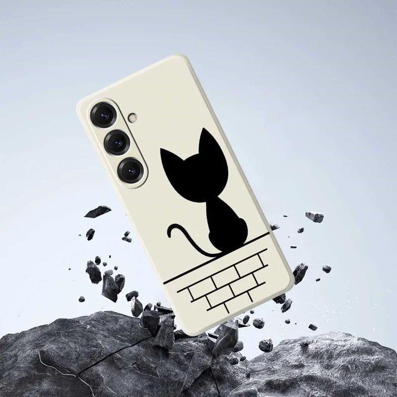 For Samsung Galaxy S25 Case Black Cat on the Wall Pattern Printing Straight Edge TPU Phone Back Cover - Beige