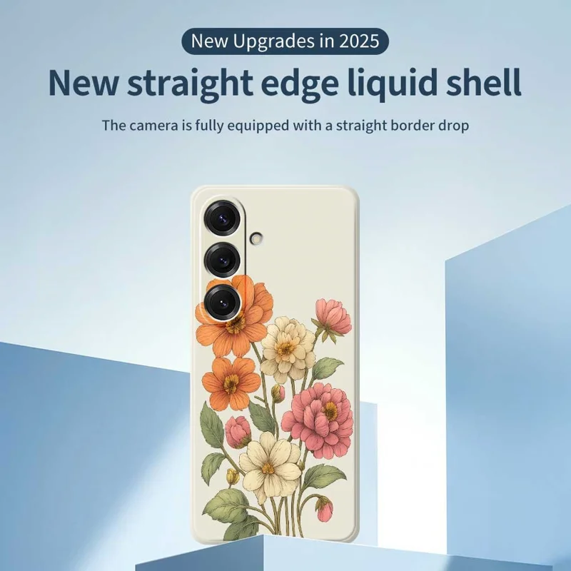 Für Samsung Galaxy S25 Hülle Schönes Blumenmuster Druck Gerade Kante TPU Handyrückseite - Beige