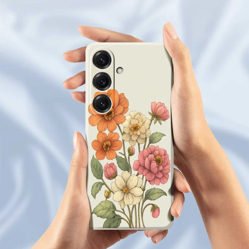 Für Samsung Galaxy S25 Hülle Schönes Blumenmuster Druck Gerade Kante TPU Handyrückseite - Beige