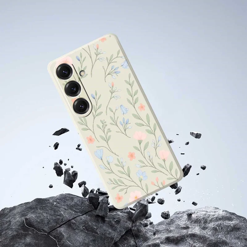 Custodia per Samsung Galaxy S25 Fiori rosa e blu Stampa a bordo dritto TPU Copertura posteriore del telefono - Beige