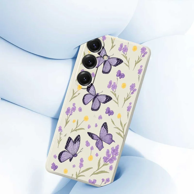 Чехол для Samsung Galaxy S25 с рисунком "Сиреневые бабочки" из ТПУ с прямым краем - Бежевый