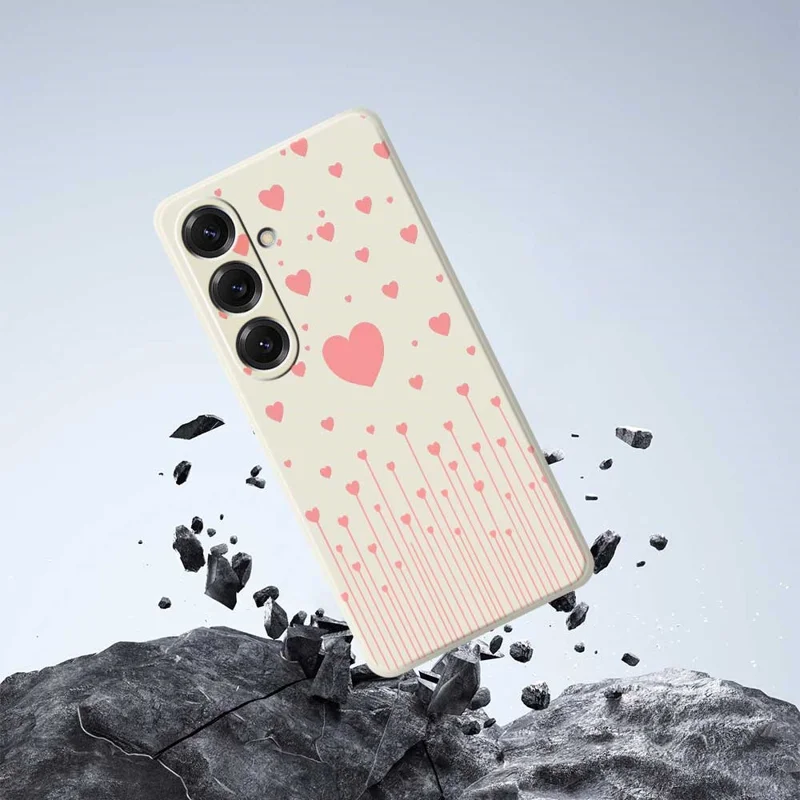 For Samsung Galaxy S25 Case Pink Love Pattern Printing Straight Edge TPU Phone Back Cover - Beige