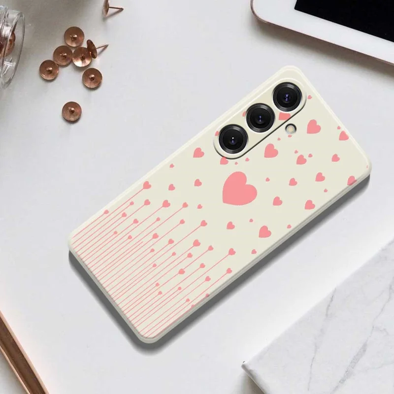 For Samsung Galaxy S25 Case Pink Love Pattern Printing Straight Edge TPU Phone Back Cover - Beige