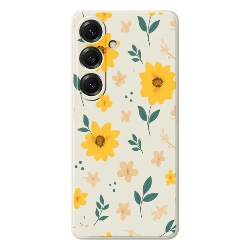 For Samsung Galaxy S25 Case Yellow Floral and Leaves Pattern Printing Straight Edge TPU Phone Back Cover - Beige