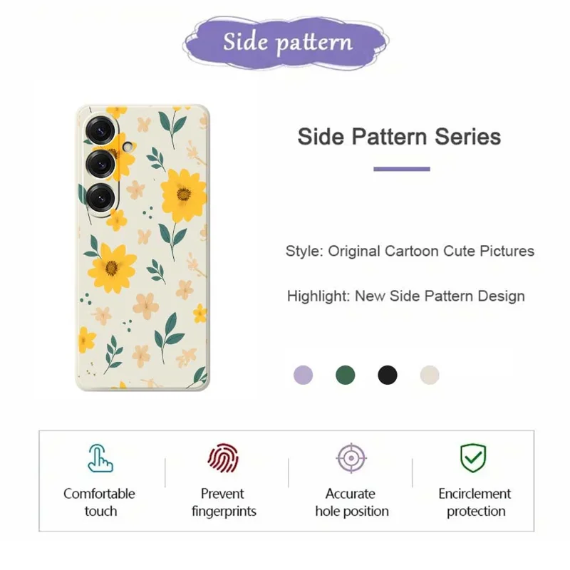 For Samsung Galaxy S25 Case Yellow Floral and Leaves Pattern Printing Straight Edge TPU Phone Back Cover - Beige