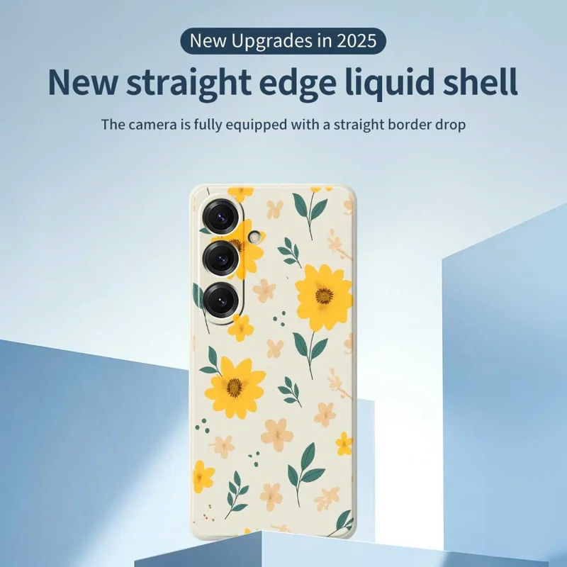 For Samsung Galaxy S25 Case Yellow Floral and Leaves Pattern Printing Straight Edge TPU Phone Back Cover - Beige