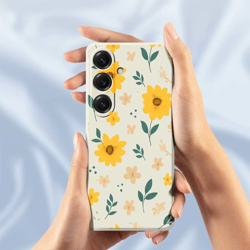 For Samsung Galaxy S25 Case Yellow Floral and Leaves Pattern Printing Straight Edge TPU Phone Back Cover - Beige