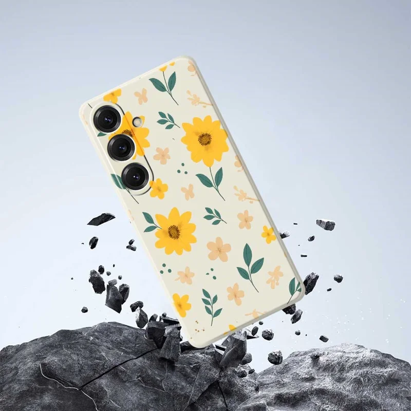 For Samsung Galaxy S25 Case Yellow Floral and Leaves Pattern Printing Straight Edge TPU Phone Back Cover - Beige
