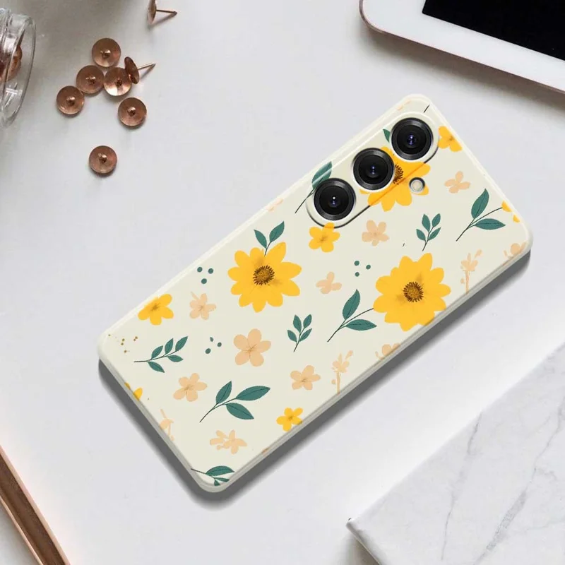 For Samsung Galaxy S25 Case Yellow Floral and Leaves Pattern Printing Straight Edge TPU Phone Back Cover - Beige
