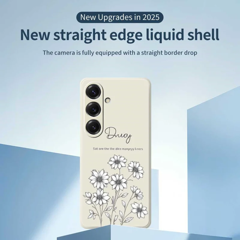 For Samsung Galaxy S25 Case Sketch Flowers Pattern Printing Straight Edge TPU Phone Back Cover - Beige