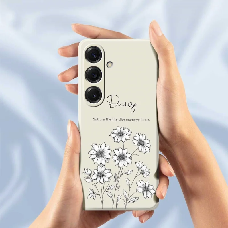 For Samsung Galaxy S25 Case Sketch Flowers Pattern Printing Straight Edge TPU Phone Back Cover - Beige