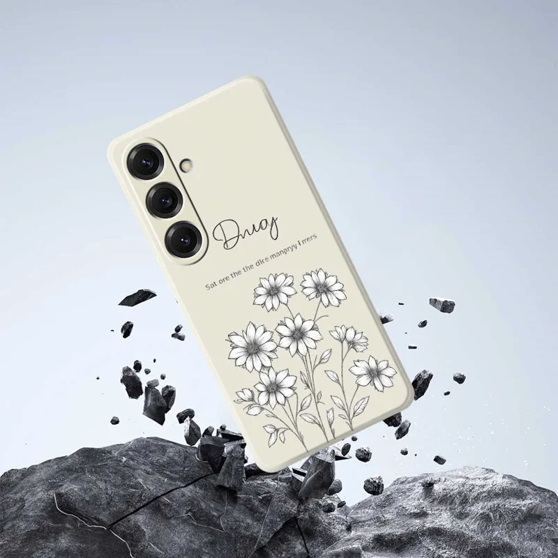 For Samsung Galaxy S25 Case Sketch Flowers Pattern Printing Straight Edge TPU Phone Back Cover - Beige