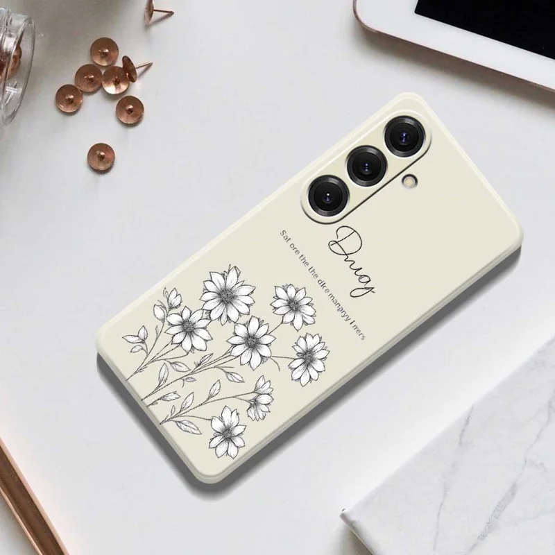 For Samsung Galaxy S25 Case Sketch Flowers Pattern Printing Straight Edge TPU Phone Back Cover - Beige