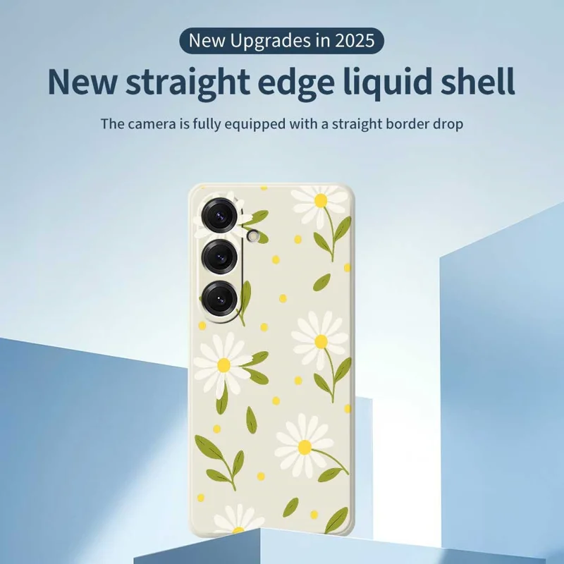 For Samsung Galaxy S25 Case White Flowers Green Leaves Pattern Printing Straight Edge TPU Phone Back Cover - Beige
