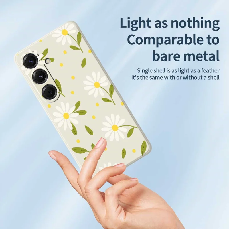 For Samsung Galaxy S25 Case White Flowers Green Leaves Pattern Printing Straight Edge TPU Phone Back Cover - Beige