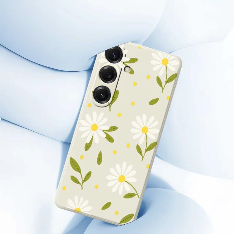 For Samsung Galaxy S25 Case White Flowers Green Leaves Pattern Printing Straight Edge TPU Phone Back Cover - Beige