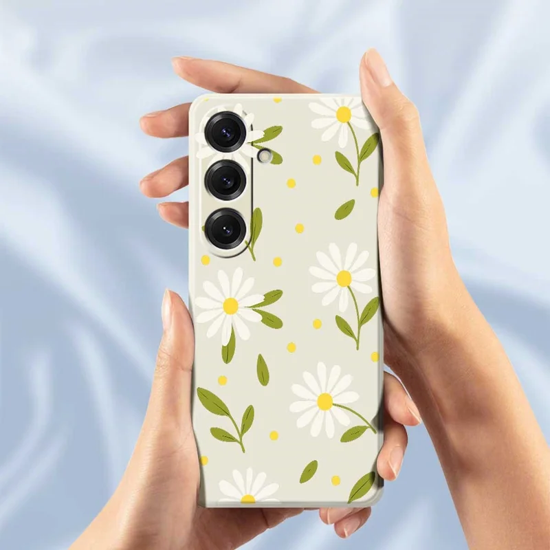 For Samsung Galaxy S25 Case White Flowers Green Leaves Pattern Printing Straight Edge TPU Phone Back Cover - Beige