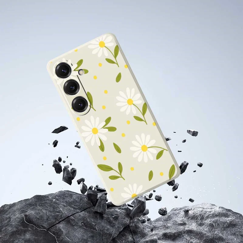 For Samsung Galaxy S25 Case White Flowers Green Leaves Pattern Printing Straight Edge TPU Phone Back Cover - Beige