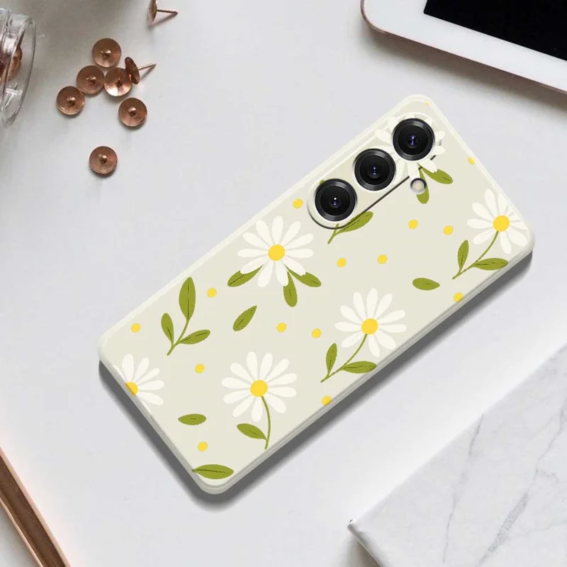 For Samsung Galaxy S25 Case White Flowers Green Leaves Pattern Printing Straight Edge TPU Phone Back Cover - Beige