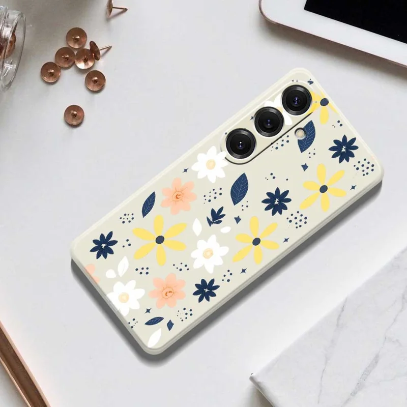 For Samsung Galaxy S25 Case Colorful Floral Blue Leaves Pattern Printing Straight Edge TPU Phone Back Cover - Beige