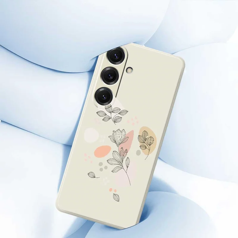 For Samsung Galaxy S25 Case Sketch Leaves Pattern Printing Straight Edge TPU Phone Back Cover - Beige