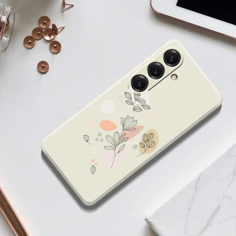 For Samsung Galaxy S25 Case Sketch Leaves Pattern Printing Straight Edge TPU Phone Back Cover - Beige