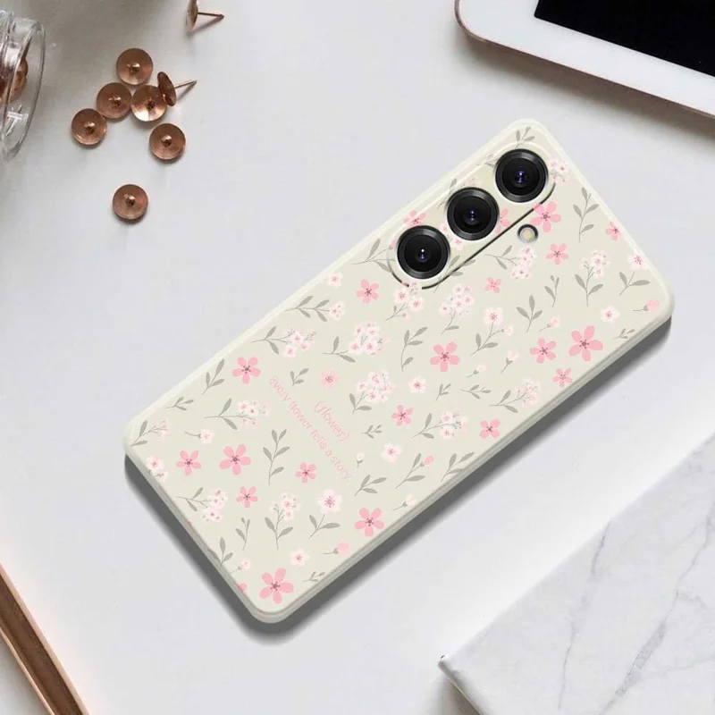For Samsung Galaxy S25 Case Small Flower Pattern Printing Straight Edge TPU Phone Back Cover - Beige