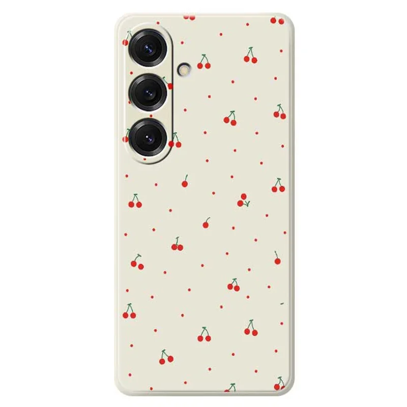 Cover per Samsung Galaxy S25 con Motivo di Ciliegie Rosse, Bordi Dritti, Cover Posteriore in TPU - Beige