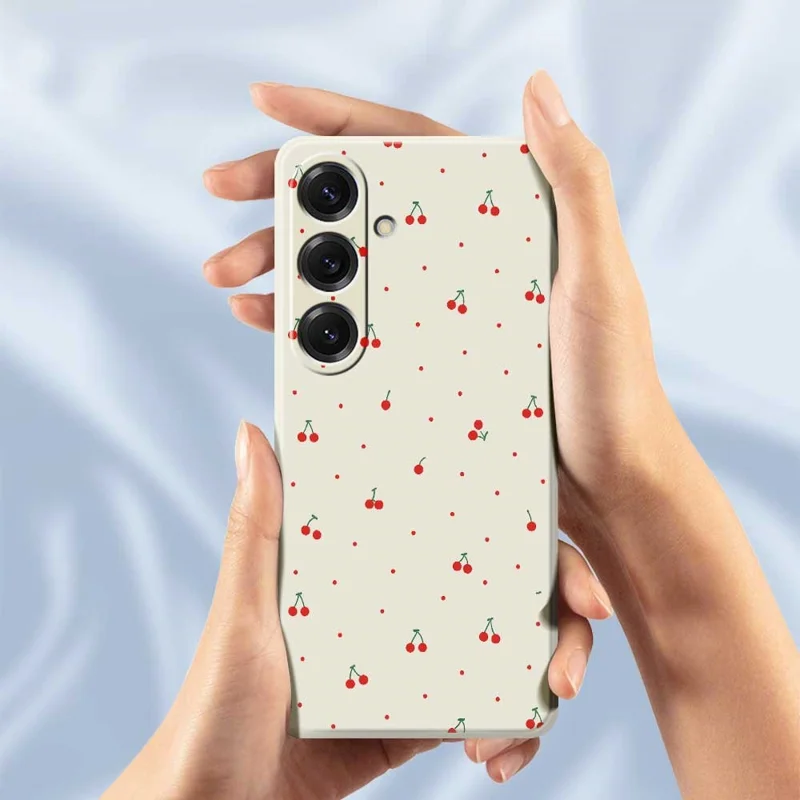 Cover per Samsung Galaxy S25 con Motivo di Ciliegie Rosse, Bordi Dritti, Cover Posteriore in TPU - Beige
