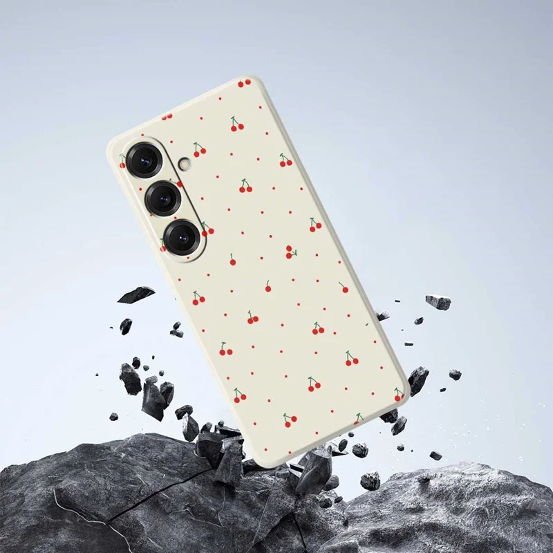 Cover per Samsung Galaxy S25 con Motivo di Ciliegie Rosse, Bordi Dritti, Cover Posteriore in TPU - Beige