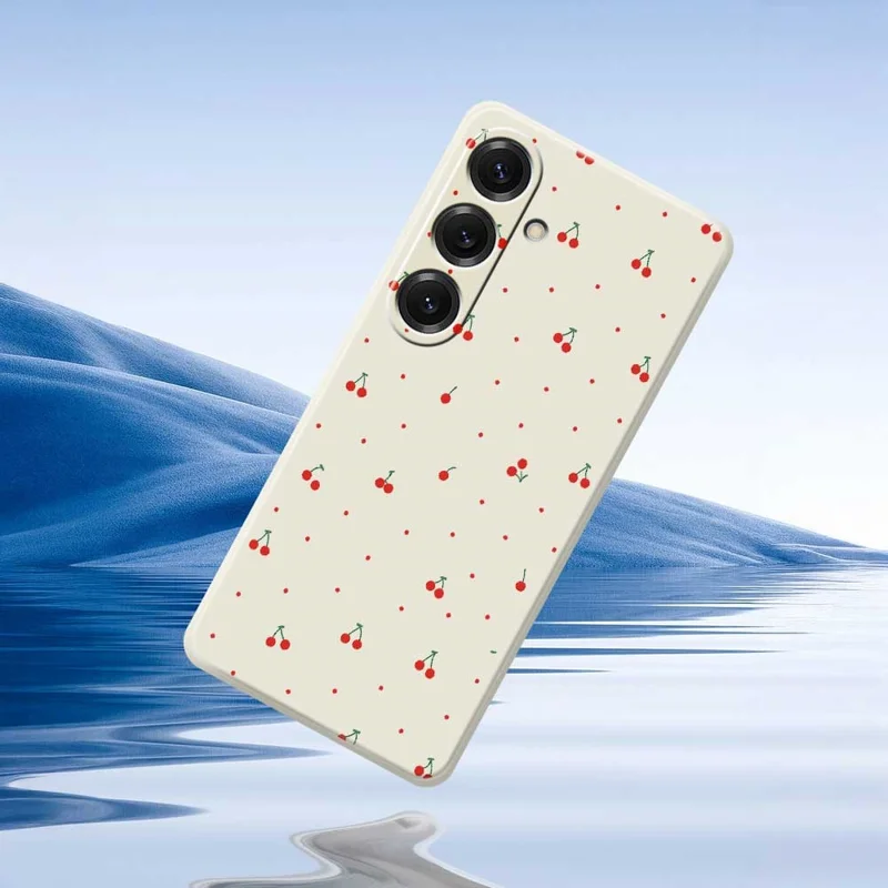 Cover per Samsung Galaxy S25 con Motivo di Ciliegie Rosse, Bordi Dritti, Cover Posteriore in TPU - Beige