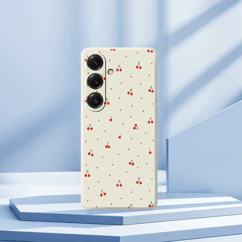 Cover per Samsung Galaxy S25 con Motivo di Ciliegie Rosse, Bordi Dritti, Cover Posteriore in TPU - Beige