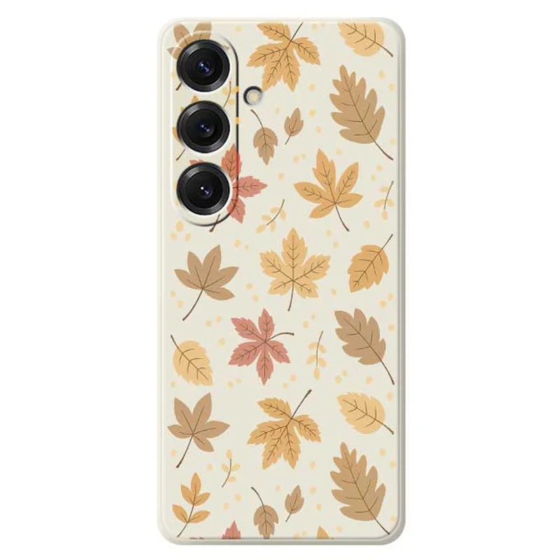 Cover per Samsung Galaxy S25 con Stampa a Motivo di Foglie, Bordo Dritto, Cover Posteriore in TPU - Beige