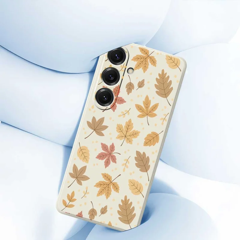 Cover per Samsung Galaxy S25 con Stampa a Motivo di Foglie, Bordo Dritto, Cover Posteriore in TPU - Beige
