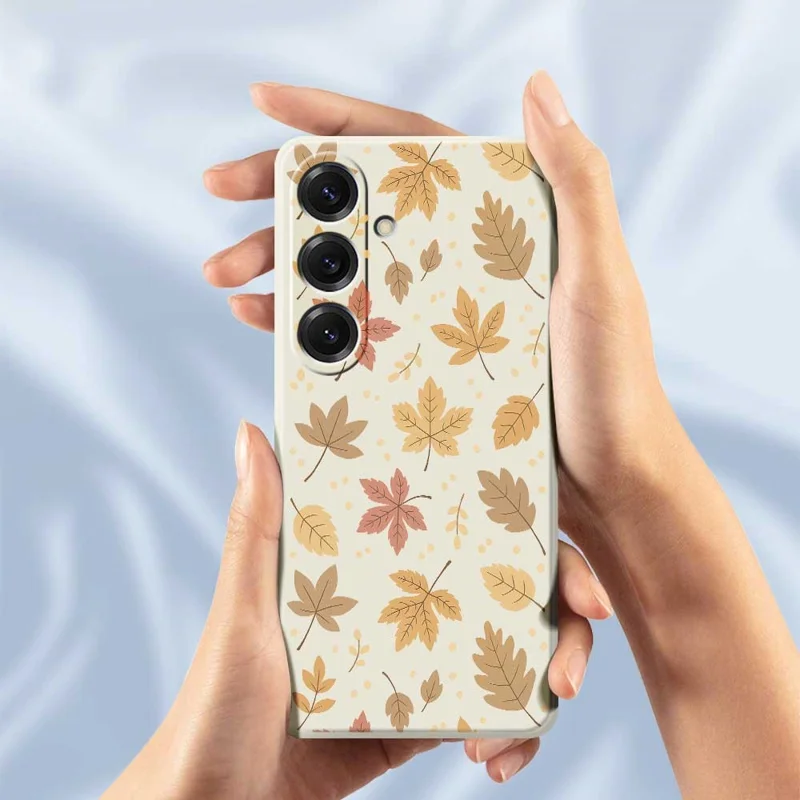 Cover per Samsung Galaxy S25 con Stampa a Motivo di Foglie, Bordo Dritto, Cover Posteriore in TPU - Beige