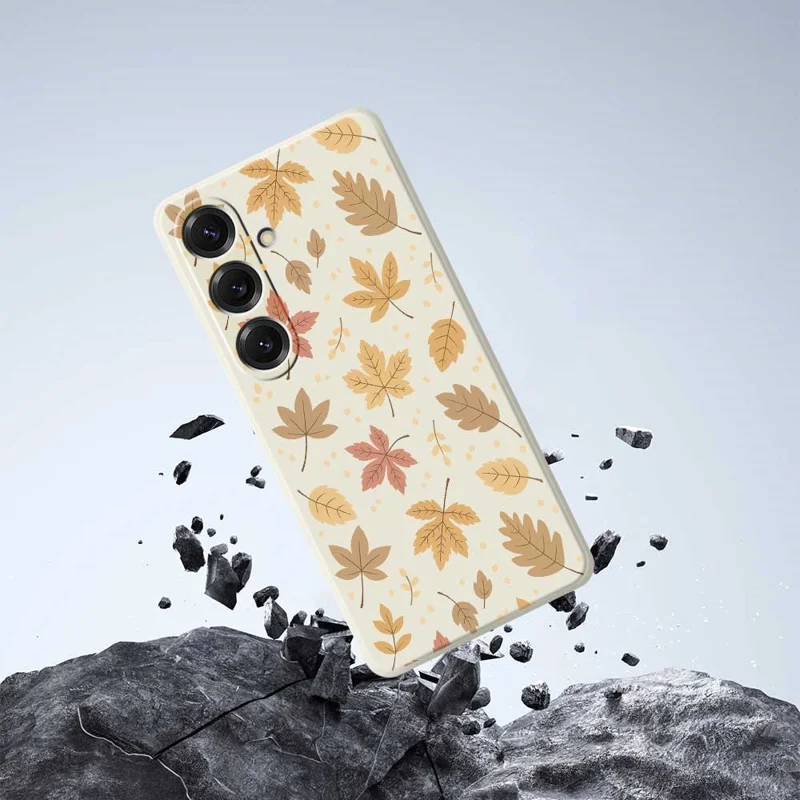 Cover per Samsung Galaxy S25 con Stampa a Motivo di Foglie, Bordo Dritto, Cover Posteriore in TPU - Beige