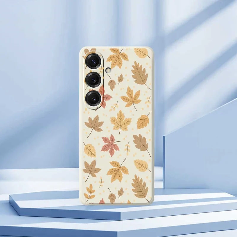 Cover per Samsung Galaxy S25 con Stampa a Motivo di Foglie, Bordo Dritto, Cover Posteriore in TPU - Beige