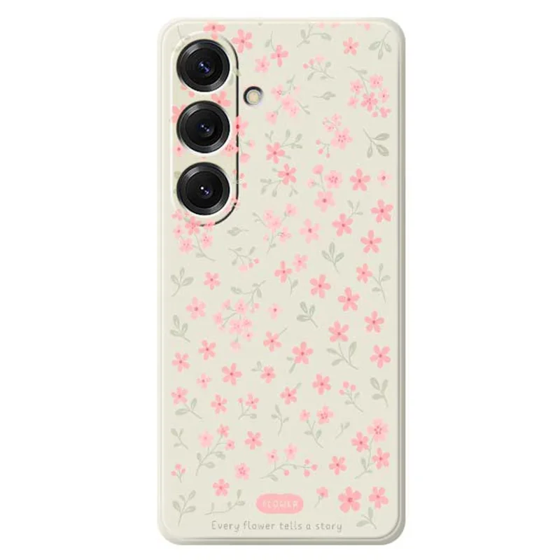 For Samsung Galaxy S25 Case Pink Small Flowers Pattern Printing Straight Edge TPU Phone Back Cover - Beige